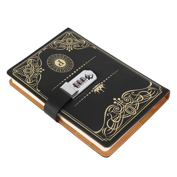 A5 Notesbog Kombinationslås Sort Guld Retro 300 Sider Glat Linjeret Papir Notesbog til Skole Kontor Rejser