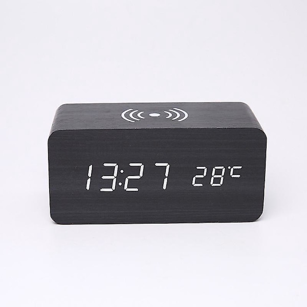 Trådlös Laddningsväckarklocka med FM-radio, USB-port, Väckningsljud - Träfinish