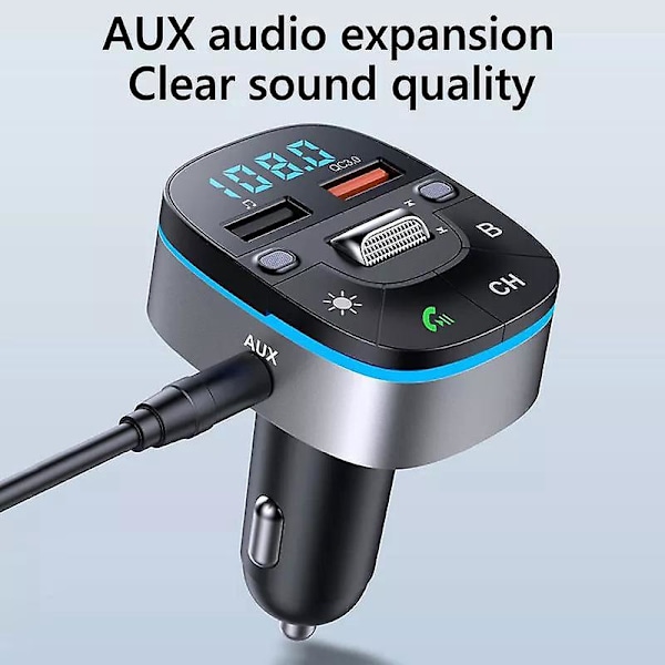 Bluetooth FM-lähetin autoon, kaksi USB-latausliitäntää, MP3-soitin, TF-kortti, USB-asema, handsfree-puhelut, 7 väriä