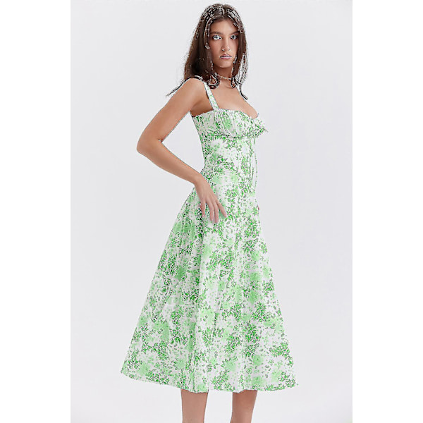 Floral Print Ærmeløs Ruched Bryst Split Lår Boho Midi Kjole XL Hvid Grøn