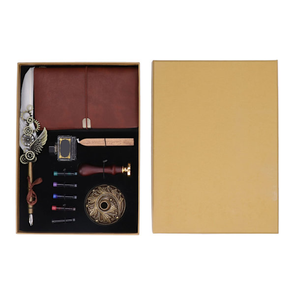 Hvidt fjerpennesæt Mekanisk tekstur Vintage Elegance Quill Pen Blæksæt med blækpose Metalindgraveret Nib Notebook-stempel