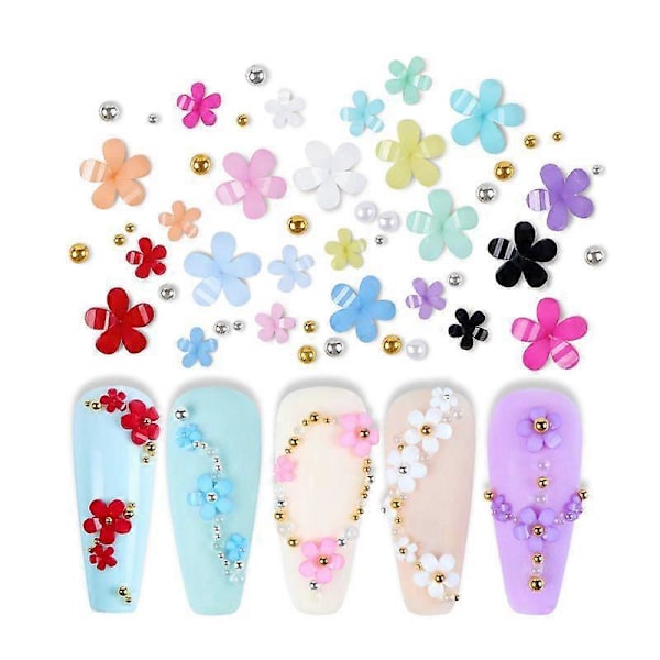 12 Fack 3D Nagelkonstdekorationer med Flerfärgade Blomsterberlocker, Kaviardiamanter och Pärlor för DIY Nagelkonstdekorationer