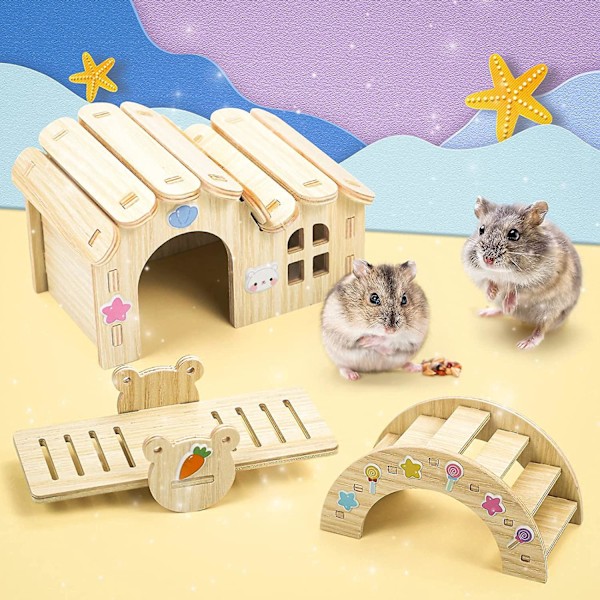 5 st Träleksaker för Hamster, Hamster Gömställe Hus DIY Bro Gungbräda Gunga och Träningsleksak Bur Dekor Tillbehör Hamster Lekplats för Gerbiler Råttor a