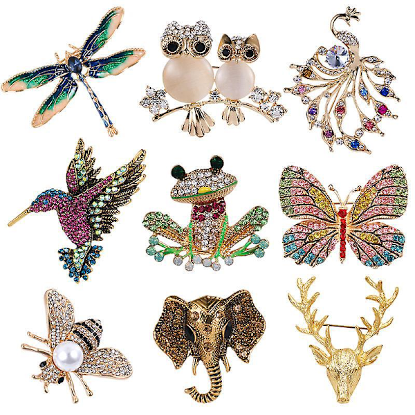 9 kpl Vintage-tyyliset eläinbroššisarja, riippuva timantti kolibri, pöllö, norsu, paviaani, mehiläinen, kristalli neulat