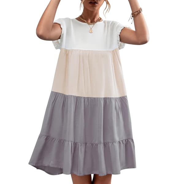 Klassisk kjole med farvekontrast og patchwork - Flæsekanter, maskinvaskbar (Sommer Khaki, L)