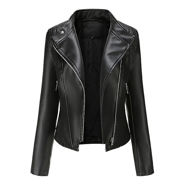 Stilful Dame Sort Slim Kunstlæder Biker Zip Jakke