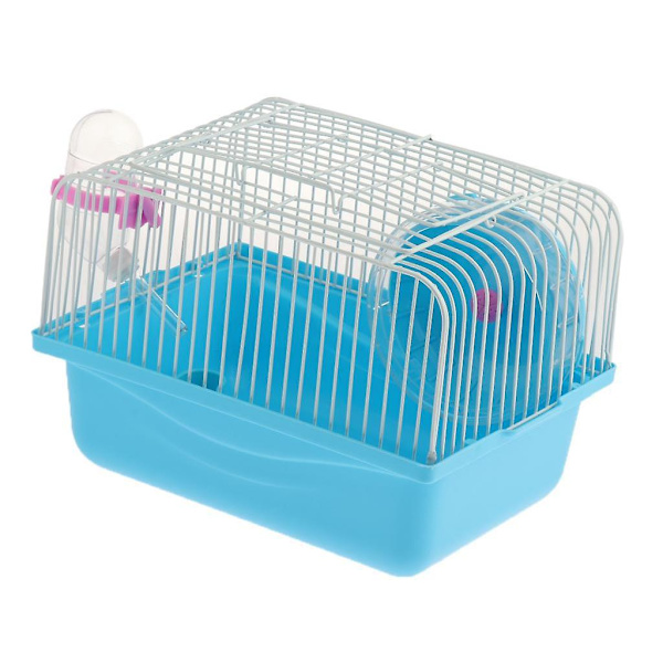 Hamsterin häkin kuljetuslaatikko juoksupyörällä, juomapullolla ja ruokakupilla, sininen