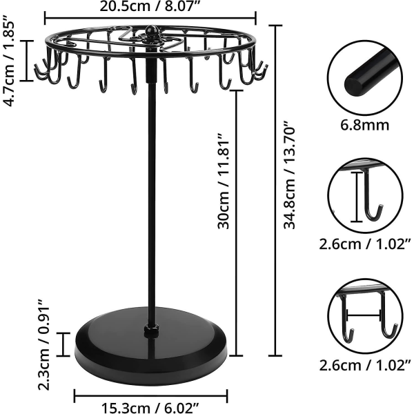 Roterende smykkeholder i sort metall med 23 kroker - 34,8 x 20,5 cm - Smykkevisningstårn for halskjeder, armbånd, ringer og øredobber