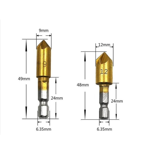 6 stk 90 grader 5 fløyte forsenket hullkuttersett med titanbelegg - 1/4" sekskantskaft, 6 mm, 8 mm, 9 mm, 12 mm, for trebearbeidingsbor.