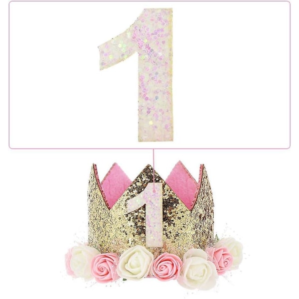 3-års fødselsdag Princess Crown Party Hat med blinkende mønt og lyserøde dekorationer til piger, fødselsdagsgave