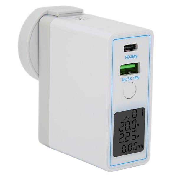 USB C vegglader PD QC 3.0 2-porters hurtigladerblokk AC100-240V med knappbryterdisplay bærbar lader US-plugg med AU-adapter