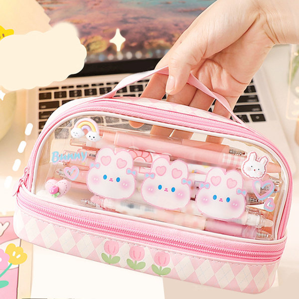 Cute Rabbit Pen Bag - Dobbeltlag Vandtæt gennemsigtig Kawaii Penalhus med håndtag til børn