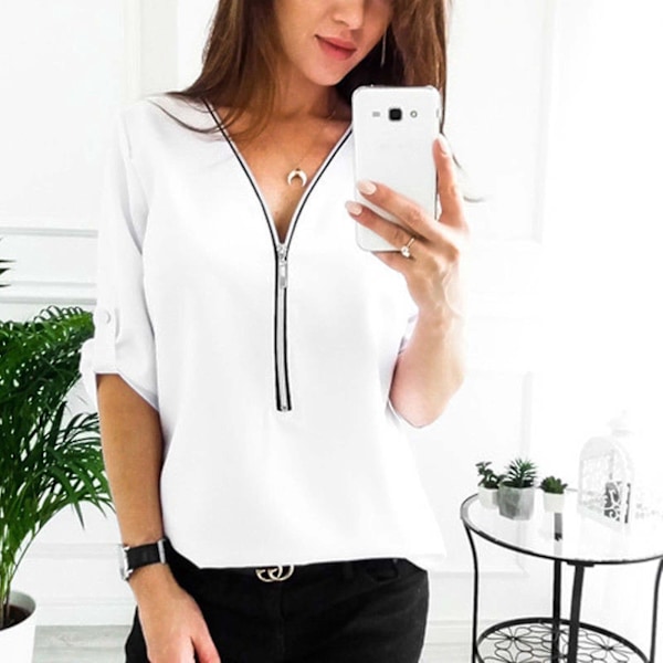 Sommerhvit Chiffon Zip Tee Bluse for Kvinner, Plus Size Sweatshirt