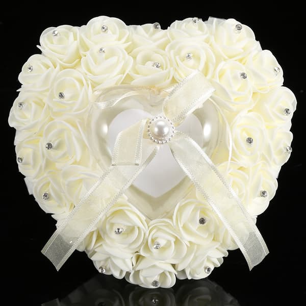Romantisk hjerteformet gifteringboks Rose Rhinestone dekor ringpute (beige)