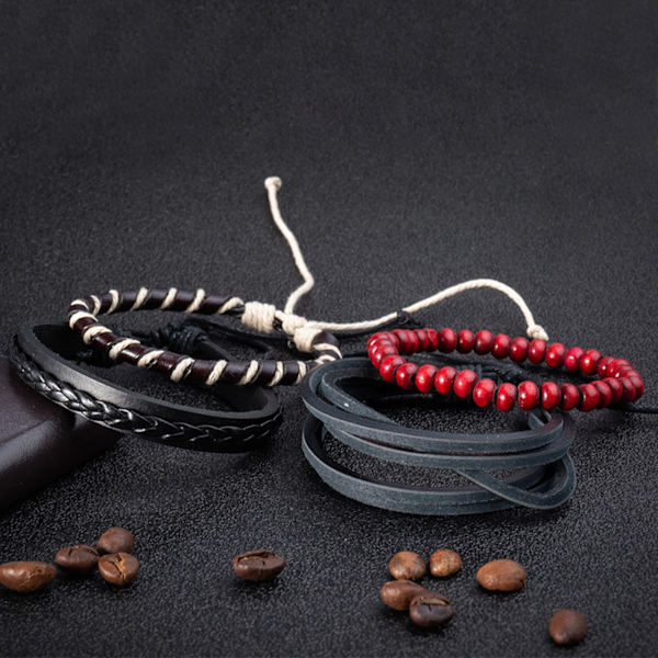 4 stk. Multilayer læderarmbånd Unisex udsøgte mahogniperler Multilayer armbånd