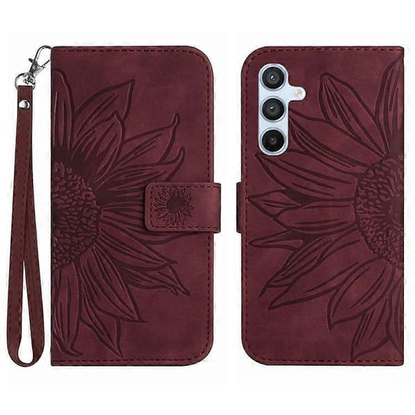 Compatible with Samsung Galaxy A17 Case Sunflower Pattern Leather Wallet Case with Wrist Strap WineRed