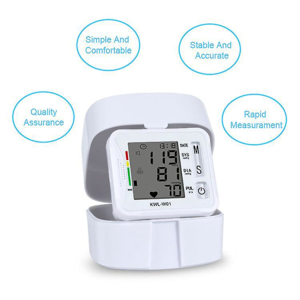 Bærbar automatisk blodtryksmåler med registrering af uregelmæssig hjerteslag og justerbar håndledsmanchet