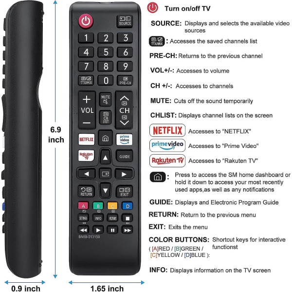 Universal fjernbetjening til Samsung Smart TV BN59-01315B - 2 pakke, erstatningsfjernbetjening til Netflix, Prime Video, Rakuten TV