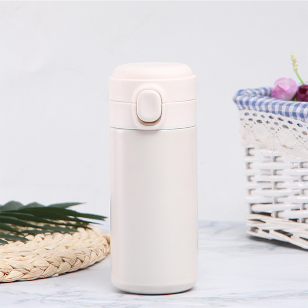 Isolerad flaska med popup-lock, 420 ml, mini, söt, dubbelväggig, vakuum, bärbar, rostfritt stål, isolerad vattenkopp för daglig användning, present, kontor, vit