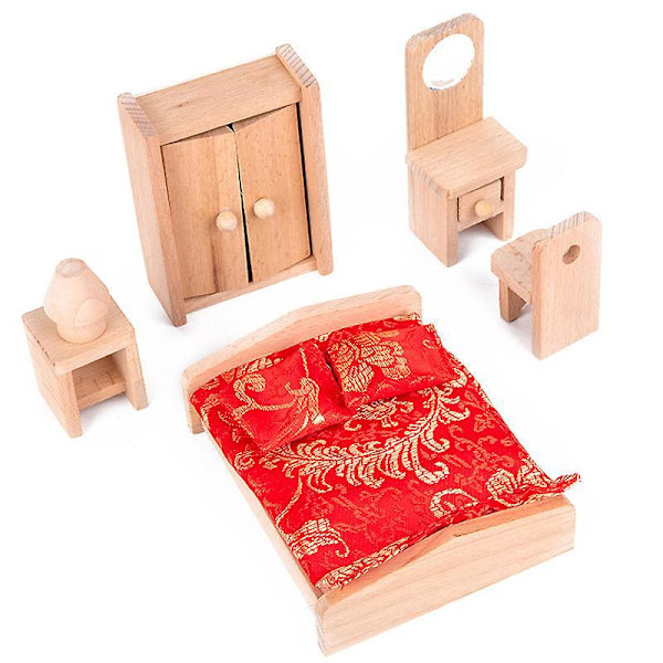 Miniatyrdockhusmöbler 1:12 Skala Trä Sovrum Vardagsrum Set med Sängar och Garderob Tillbehör