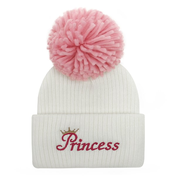 Stickad mössa för barn, vintervarm, tjock stickad mössa med broderade bokstäver, höstmössa i ull med pompom för pojkar och flickor