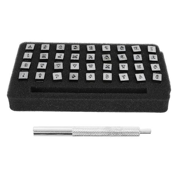 36 stansar i metall, 3 mm, bokstäver, läder, prägling, snidning, märkning, hantverksverktyg
