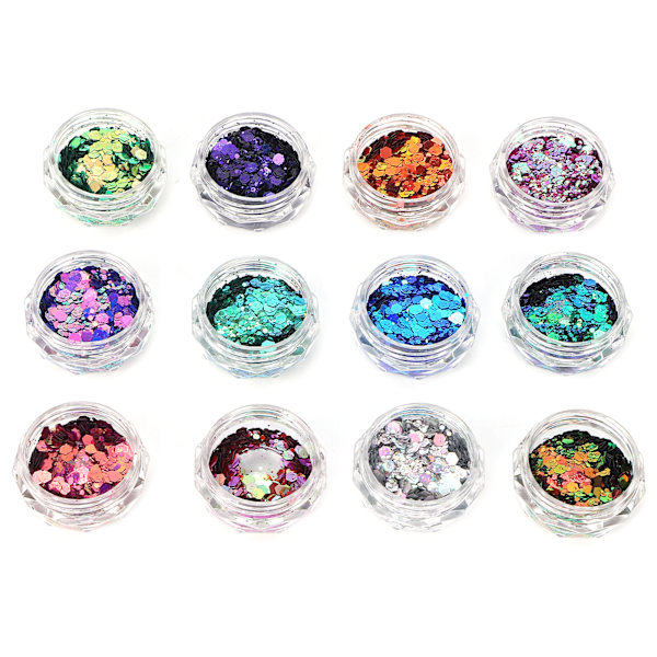 Glittrande nagelkonstglitter, paljetter, nagelpaljetter, iriserande flingor, blandade färger, nagelglitter, 12 lådor/set