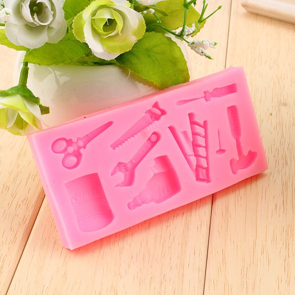Dejlig Silikone Kage Fondant Form Topper Hammer Skruenøgle Værktøj DIY Bageforme