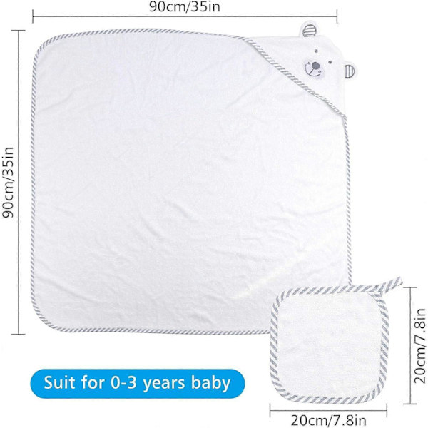 Badhandduk med huva för baby med tvättlapp, ekologisk bomullsfiber, söt björnördesign, vit mjuk andning