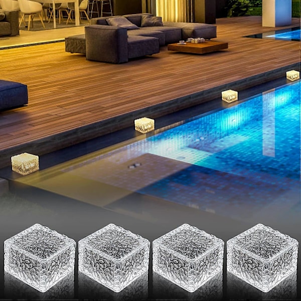 Solcellelamper Utendørs, 4 Stk Vanntette Solcelle Ground Lights, 8 Lysmoduser LED Solcelle Hagelys for Terrasse Plen Vei Dekk Trapper (Varm Hvit)