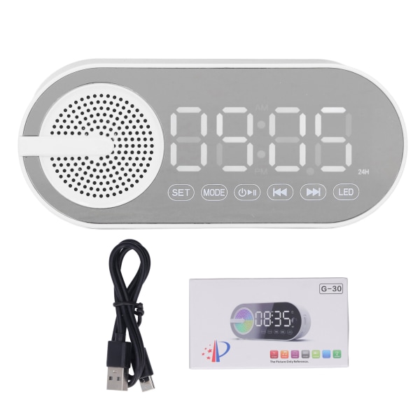 Bluetooth 5.0 kaiutinpeilikello Heavy Bass FM-radio Ladattava digitaalinen herätyskello värikkäillä valoilla valkoinen