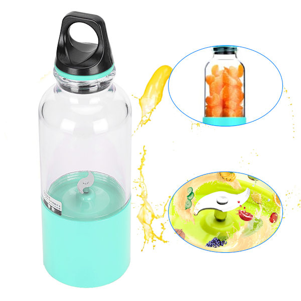 Kannettava sähköinen hedelmämehunpuristin, kaksi terää, mehumaija, sekoitin, 2600 mAh, matkoille ja kotiin, USB-ladattava (sininen, 500 ml)