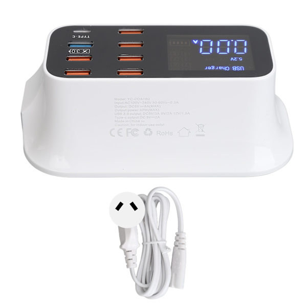 USB-laddningsstation 8 portar laddningshubb 40W USB3.0 Typ C LED-display kretsskydd för telefoner surfplattor 100‑240V AU-kontakt