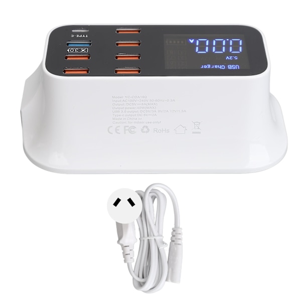 USB-ladestasjon 8 porter ladestasjon 40W USB3.0 Type C LED-skjerm kretsbeskyttelse for telefoner nettbrett 100‑240V AU-plugg