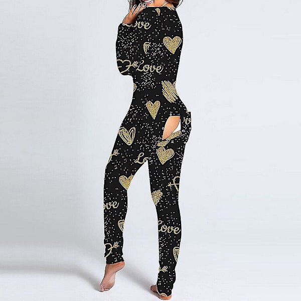 Sexy dame jumpsuit med åpen rygg - Loungewear nattøy 3XL svart gull