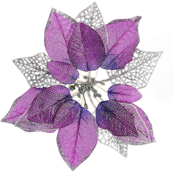 Juletræspynt 15 stk. Glitter Guld Julestjerne, Kunstige Julestjerneblomster Juletræsdekorationer (Lilla)