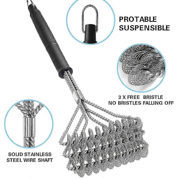 Grillborste, trehuvuds ståltrådsfjäder, grillborste, ugnsgaller rengöringsborste ZD B2