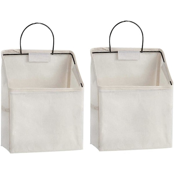 Väggmonterad Förvaringsväska, 2-pack Hängande Förvaring för Fickor, Linne Bomull Organizer Box Behållare, Väggförvaringsväska för Dörr, Kök (Vit)