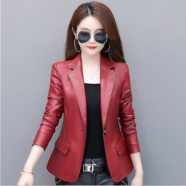 Stylish Women's Leather Jacket - Spring Motorcycle Suit L Burgundy