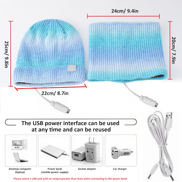 2 st värmehatt halsduk set USB värme vinter tie dye stickad hatt halsduk för män kvinnor utomhus skidåkning cykling löpning