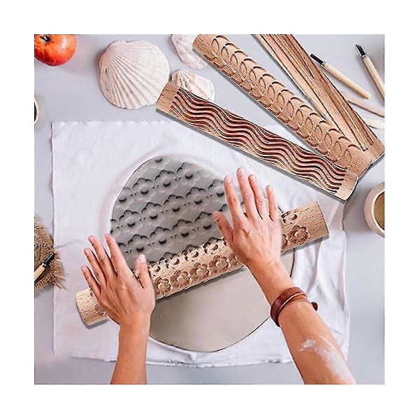 6 Trä Clay Modellering Mönster Rollers Kit, Clay Kavel Texturerad Hand Roller Trähandtag Keramik Verktyg Set