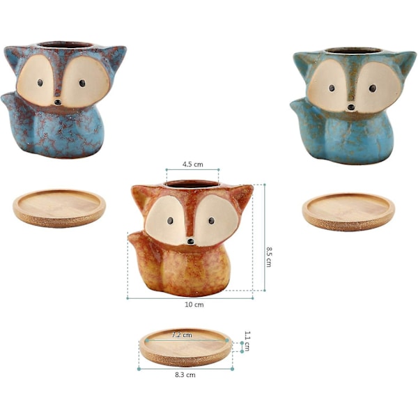 10 cm Små Kaktus Plantkrukor Med Bambubricka Set Om 3, Söt Räv
