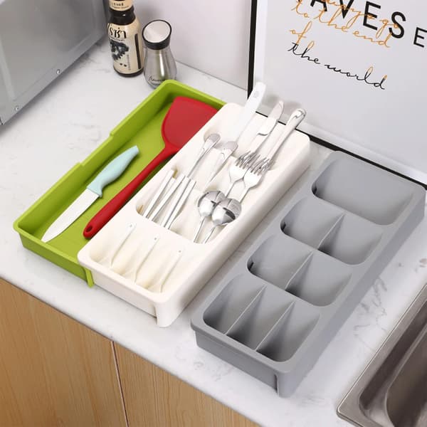 Compact Plastic Cutlery Tray, 17-30 cm, Extendable Cutlery Drawer Organizer, Cutlery Holder for Kitchen Storage