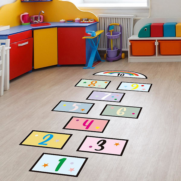 Set med 10 Creative Number Grid Game Golv- och väggdekaler, Cartoon Numbers Golvdekaler för barnrum, heminredning
