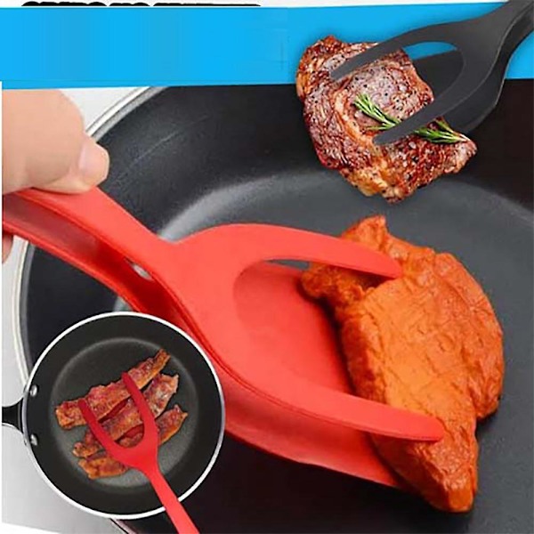 Stekt Egg Dobbel Spatel, Non-stick Matklype 2-I-1 Silikon Eggvender Pannekake Brødklemme Grillspade Tang for Matgrep og Snuing