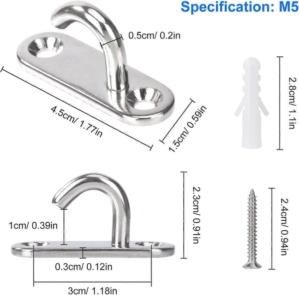 M5 Ceiling Hooks Stainless Steel Oval Open Hooks Wall Mounted Hanging Plate Anchor Eye for Hanging Plant Fan Hammock Mosquito Net Lantern (6pcs)