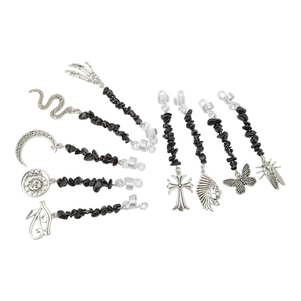 9 st skäggprydnader dreadlock-hängen DIY hårflechtningstillbehör metallfjäder svarta stenar