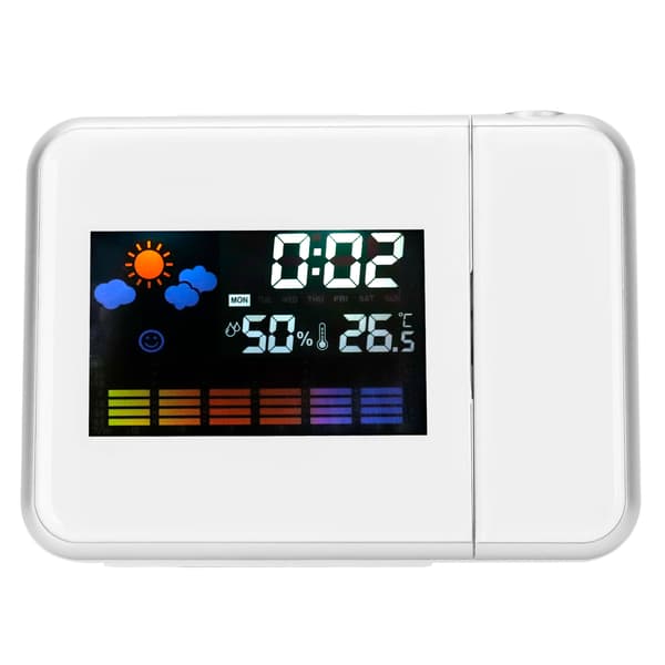 Inomhusprojektion LED-klocka Termometer Hygrometer Väderprognos Snooze Evighetskalender Vit