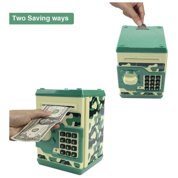 Kids Toy Piggy Bank, Mini ATM Elektronisk banktjenester for mynter og sedler med kode og automatisk pengerulling for gutter, jenter (Green Camo)