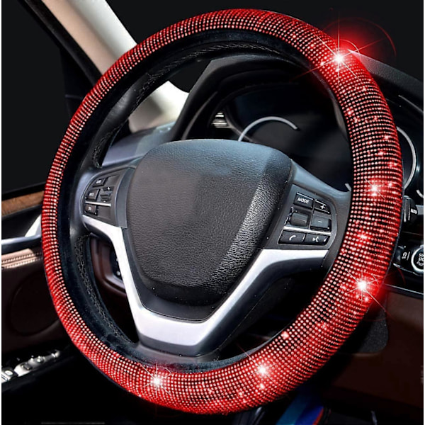 Rattmuff för Kvinnor, Bling Kristall Diamant Glittrande Bil SUV Rattmuff, Universal Passform 15 Tum (Röd Diamant)